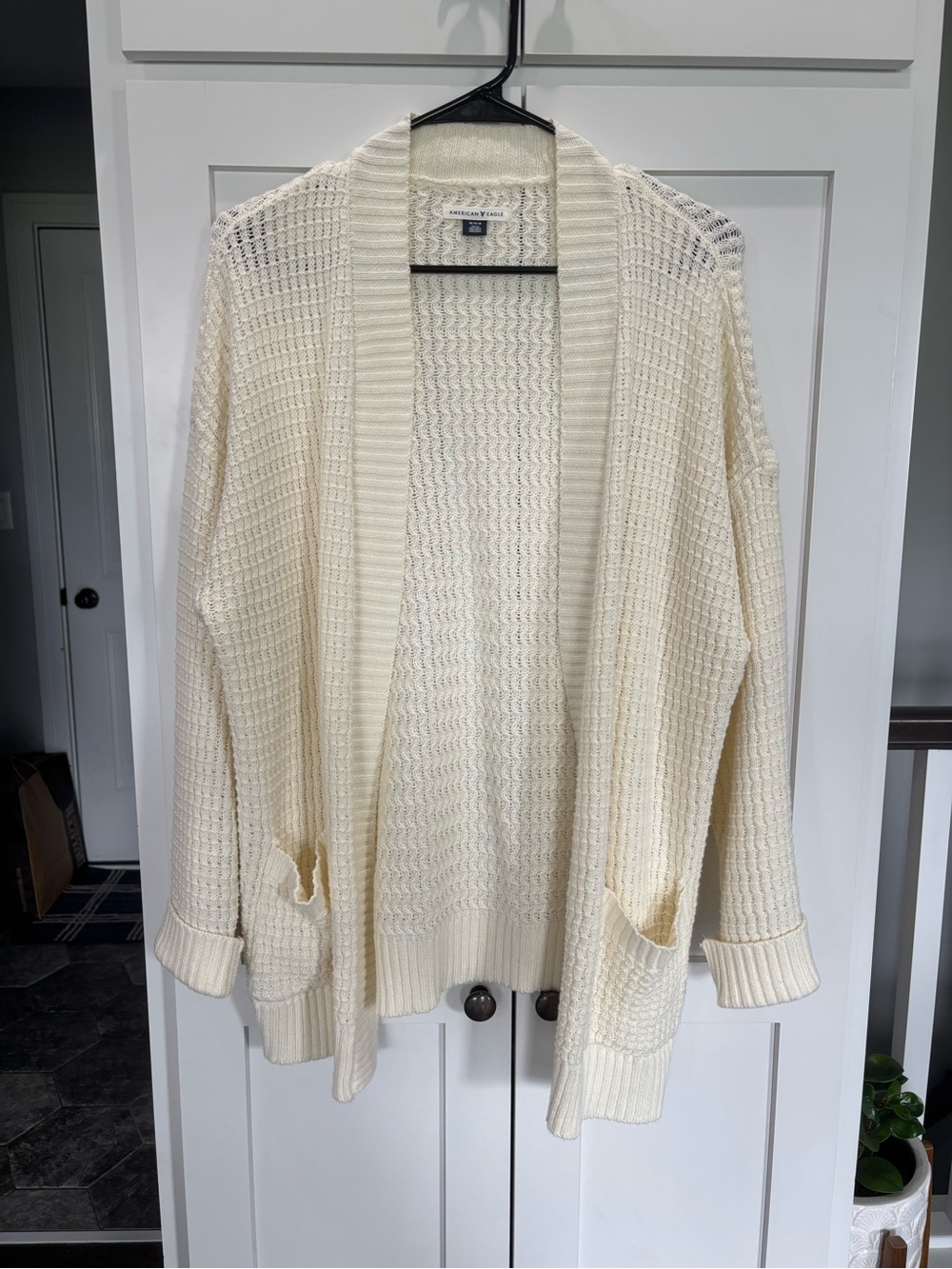 American Eagle Outfitters Cream Open-Front Waffle Knit Cardigan